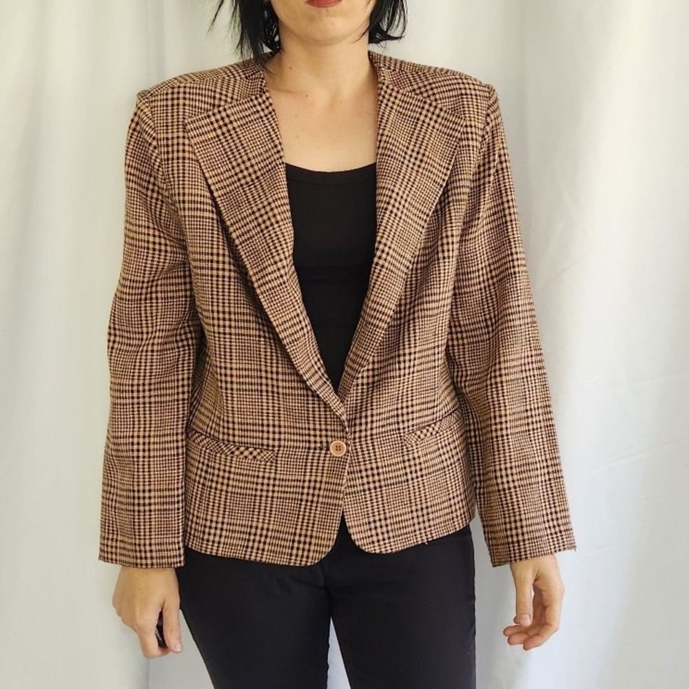 80s Tan and Black Plaid Blazer